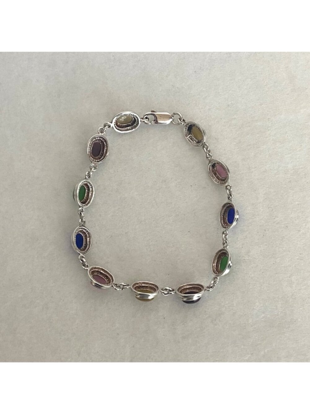 Sterling Silver 925 Multi Colored Oval Cats Eye Link Station Bracelet Sz 7.75" - Picture 7 of 16